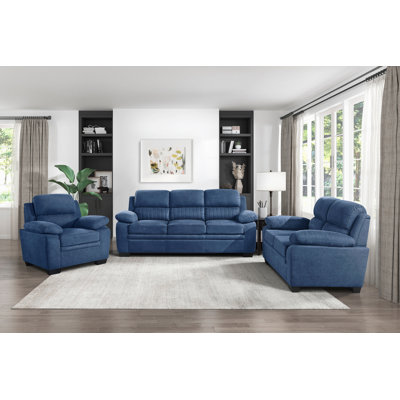 Modern 3-Piece Textured Fabric Living Room Set with High-Density Foam, Pocket Coils & Exposed Black Faux Wood Legs