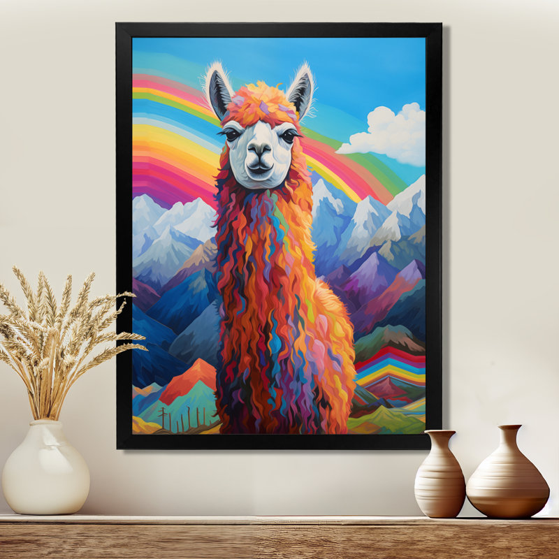 Alpaca In Chile Mountain Rainbow Landscape I - Llama Animal Wall Art, H 20 po x l 12 po x P 1 po, Cadre simple noir
