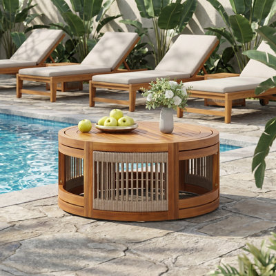 Table basse d'extérieur 27 po en bois d'acacia - Table de patio en corde tissée à la main Boho, durable pour le jardin et la piscine