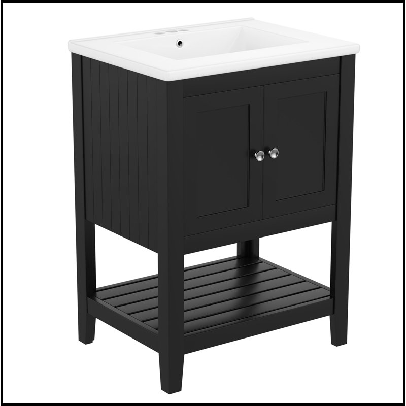 24" Modern Sleek Bathroom Vanity Elegant Ceramic Sink With Solid Wood Frame Open Style Shelf, Black/Silver