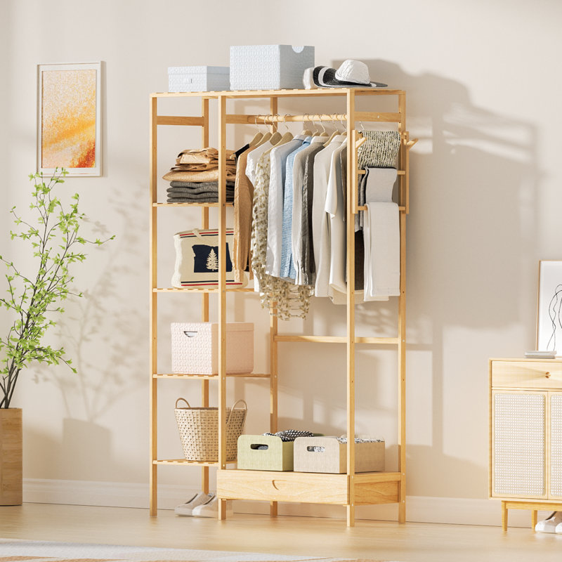 5-Tier Coat Rack, Open Closet Wardrobe with Hanging Rod and Drawer, Bamboo Clothing Organizer Stand