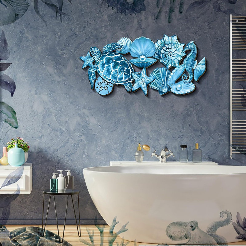 Summer Ocean Wall Decor – Coastal Wooden Seahorse, Sea Turtle, Starfish & Shell Wall Hanging For Home, Pool & Living Room