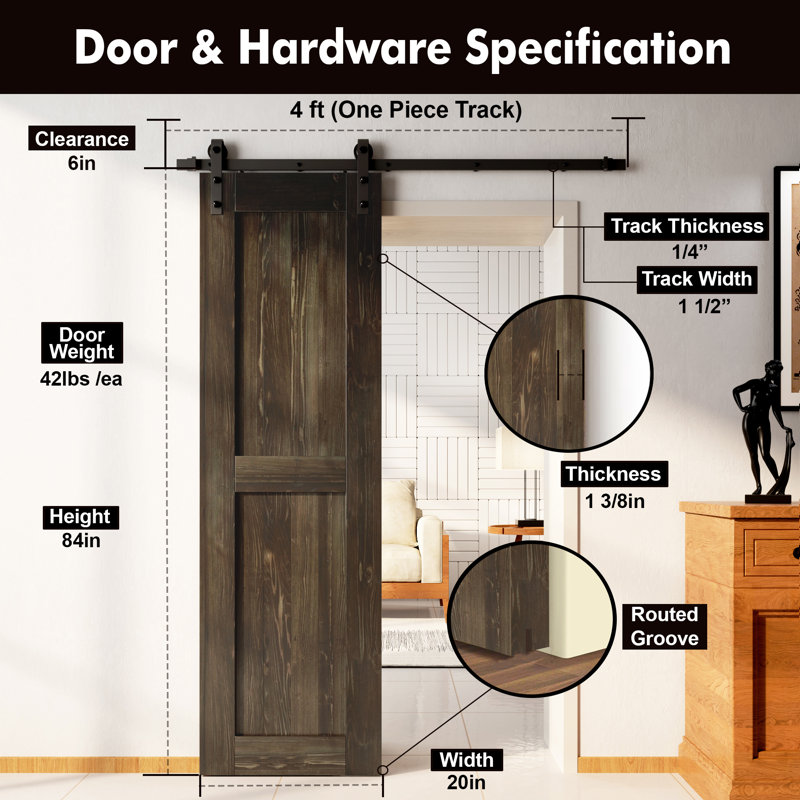 Porte en bois de pin massif non assemblé avec design H rustique noir H Design, 20 po x 84 po, Ébène