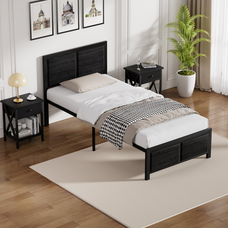 Ensemble de chambre à coucher pour lit simple 3 pièces Kempst, ensemble de lit plateforme et table de chevet en bois moderne, ensemble de mobilier de chambre à coucher industriel de style campagnard en noir, aucun sommier nécessaire