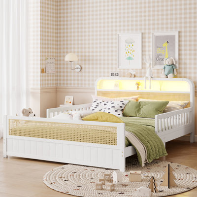 Full Rattan Platform Bed with LED Lights and Storage Headboard, Safety Guardrails for Kids, White
