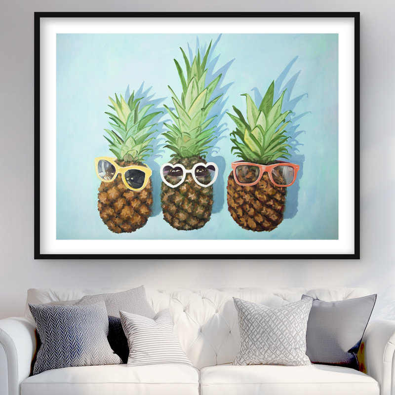 Été ananas - impression exotique encadrée avec passe-partout pour la cuisine, H 48 po x l 36 po, Noir