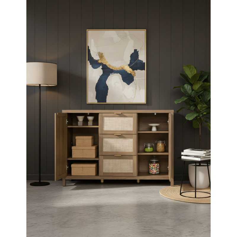 Extra-Large Capacity Rattan Sideboard With 3 Drawers And 2 Doors. Bohemian Farmhouse Style, Caramel Oak Color. Ideal For Living Room And Kitchen Storage.
