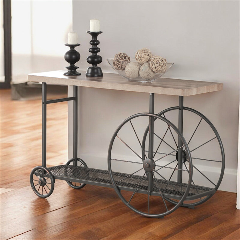 Quartz Oak & Antique Gray Sofa Table – Chic Cart-Style Table with Bottom Shelf, Wheels & Handpainted Bronze Finish for Home