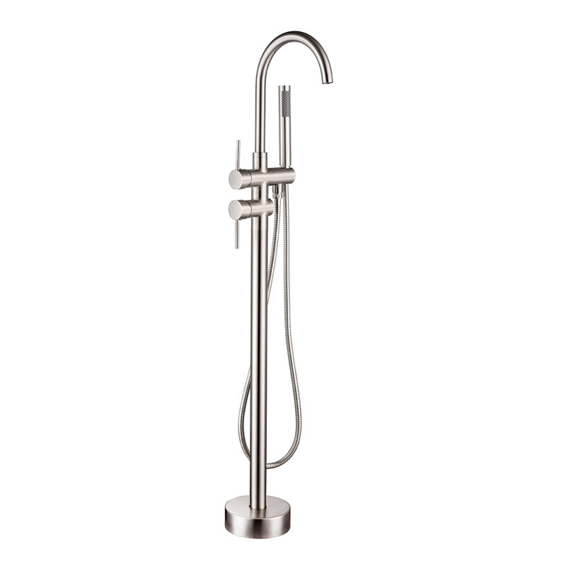 Robinet de baignoire à fixation au sol avec pomme de douche à main Topcraft, Nickel brossé