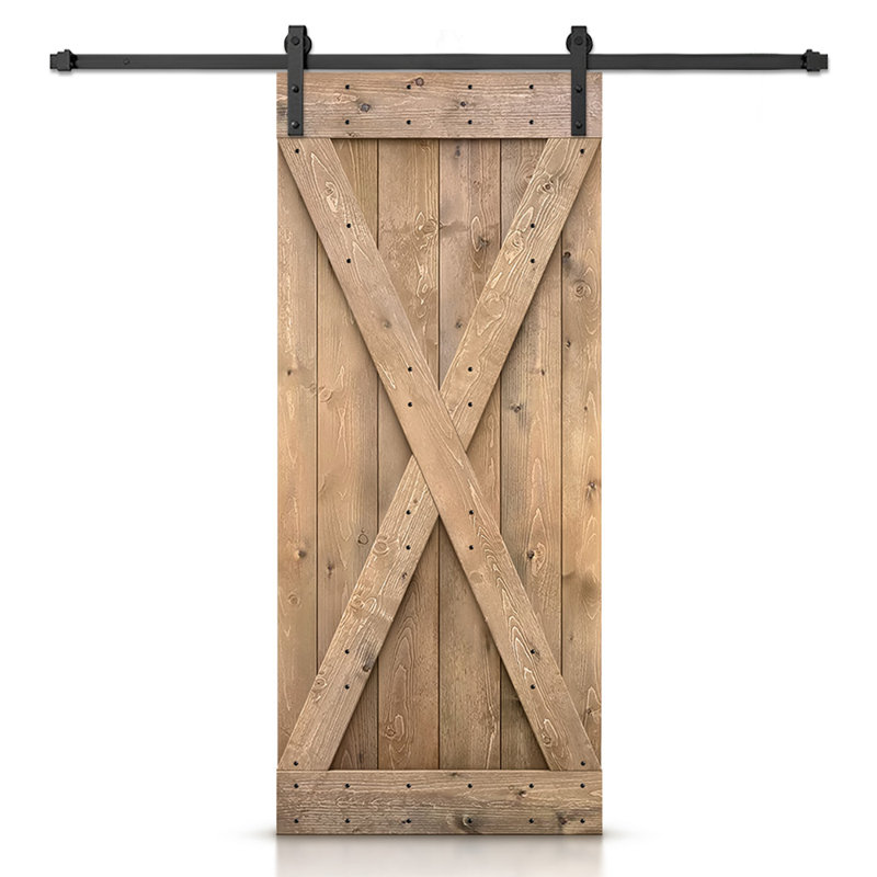 Porte de grange à panneaux et en bois avec quincaillerie d'installation, 32 po x 84 po, Brun clair, Noir mat