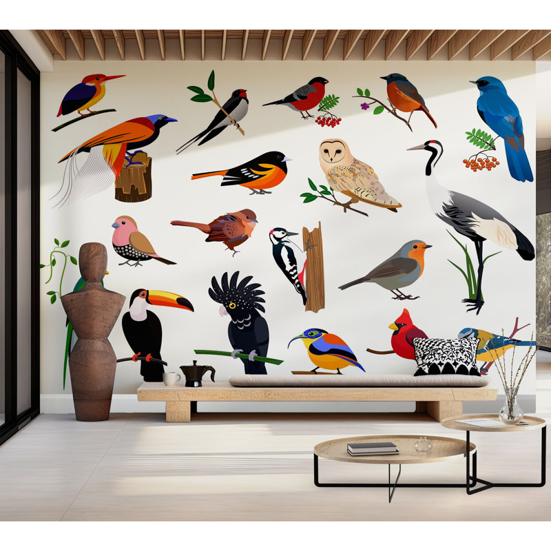 Papier peint de qualité supérieure - Illustration d'oiseaux colorés, L 96 po x l 120 po