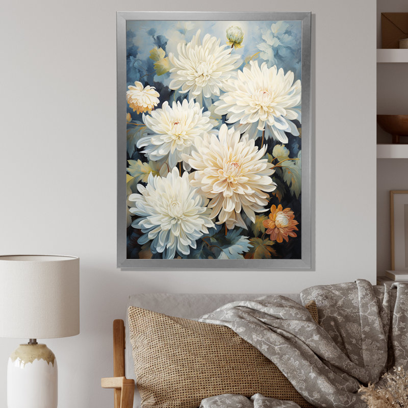 Blooming Mums en beige et bleu IV sur toile, Cadre simple argenté, H 20 po x l 12 po x P 1 po