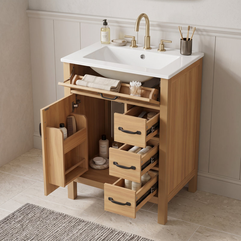 Meuble-lavabo autoportant avec lavabo en céramique, charnières à fermeture en douceur, tiroir rabattable et support de rangement double couche