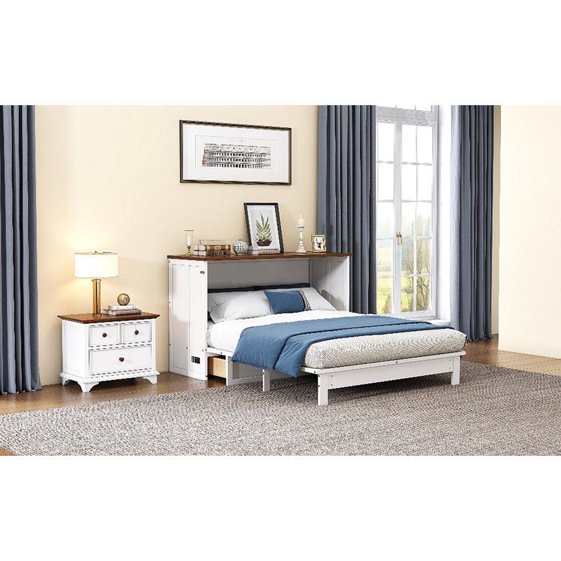 Solid Pine Murphy Bed Chest With Charging Station And Large Storage Drawer, Perfect For Small Spaces, Queen