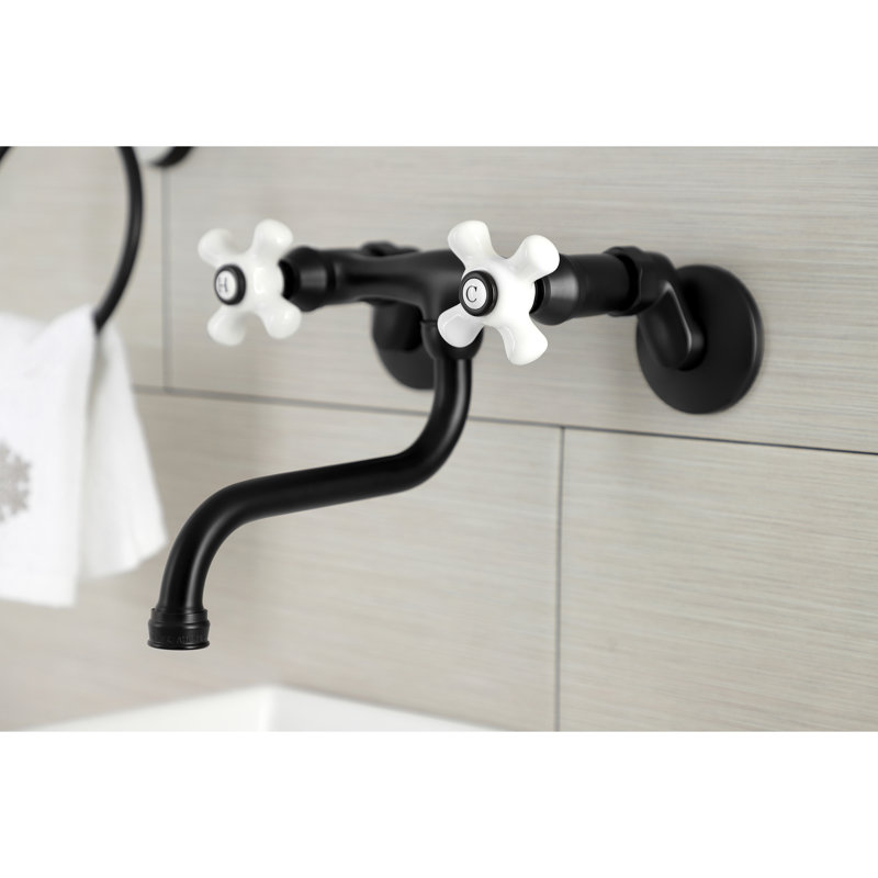Kingston Brass Kingston Two-Handle 2-Hole Wall Mount Bathroom Faucet, Cross Handle, Matte Black