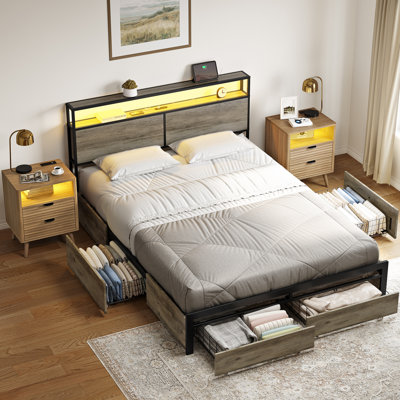 Ensemble de chambre à coucher 3 pièces, lit plateforme avec 4 tiroirs de rangement et 2 tables de chevet avec charge multi-ports