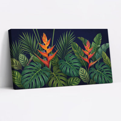Orange Heliconia Flowers and Green Tropical Leaves Canvas Wall Art