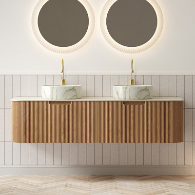Ensemble de meuble-lavabo 60 po 60 po, meuble-lavabo rayé à bords arrondis flottants avec 2 tiroirs, 2 lavabos ronds en céramique avec motif en pierre et plateau en pierre frittée à motif travertin, pré-assemblé, grain de bois naturel