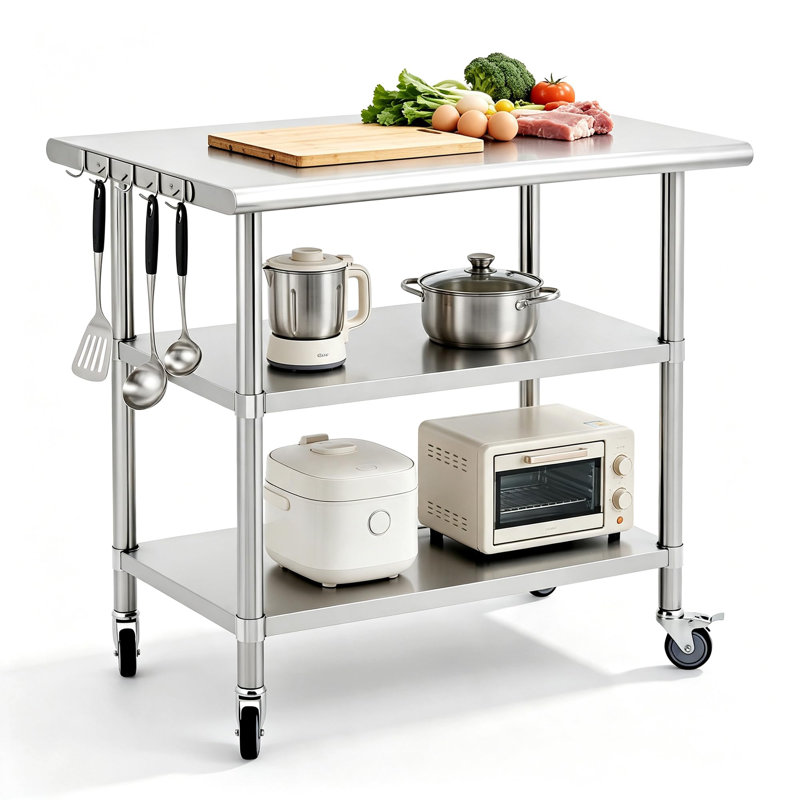 Table de préparation à 3 niveaux en acier inoxydable avec roulettes et crochets, 61 cm L x 76 cm P, tablettes réglables, table de travail roulante pour cuisine professionnelle