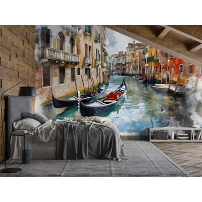 Venice Gondola Canal Wall Mural – Watercolor Italy Wallpaper For Bedroom & Living Room Vn922 (Peel-N-Stick) VN922