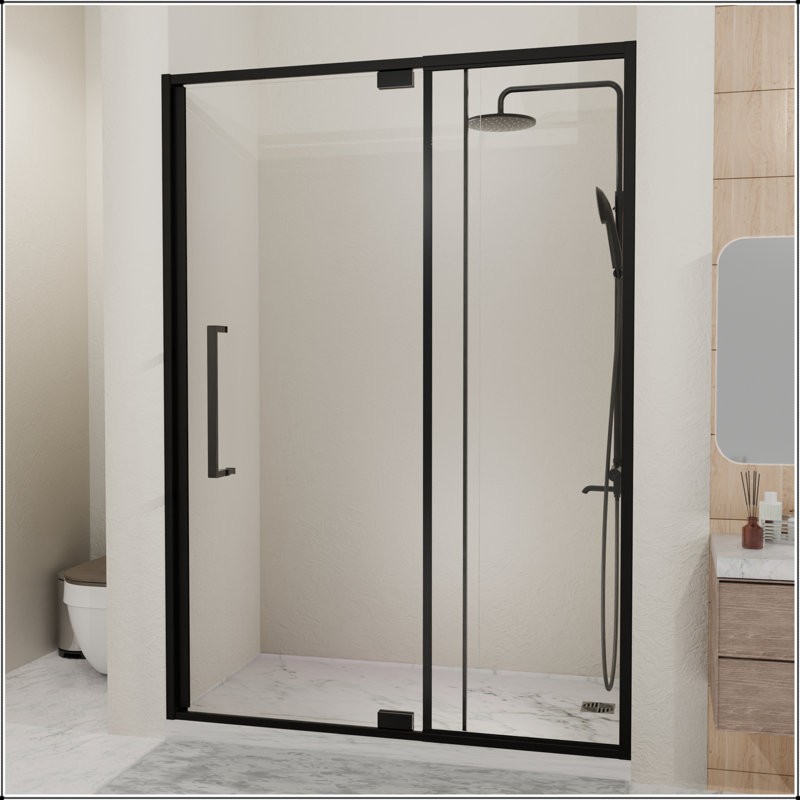 Porte de douche à charnière en verre semi-sans cadre avec verre trempé de 6 mm - Largeur réglable, Matte Black
