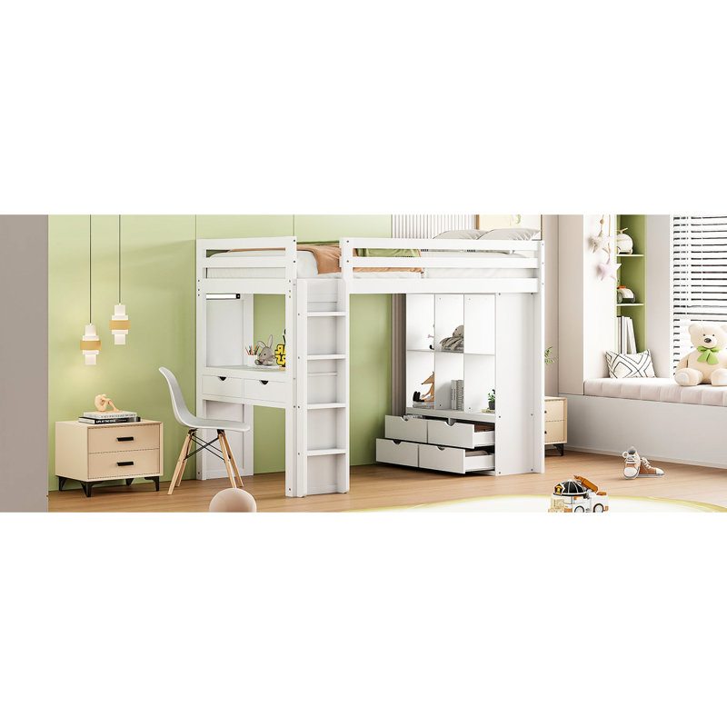 Lit simple mezzanine en blanc - DEL, tablettes, bureau pour espace de confort, Twin, White