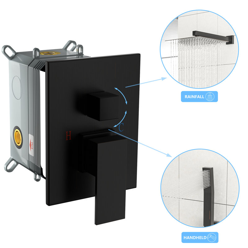 Oil-Rubbed Bronze Shower System - Waterfall Tub Spout, 12 Inch Square Rainfall Head, Handheld, , -Balanced Valve, Wall Mounted With Spout Rain