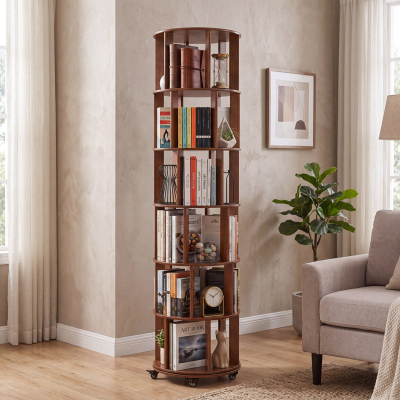 Bibliothèque tournante à 6 niveaux avec bibliothèque rotative à 360 ° en bois massif pour petits espaces, bibliothèque d'angle pour chambre à coucher, salon et salle d'étude
