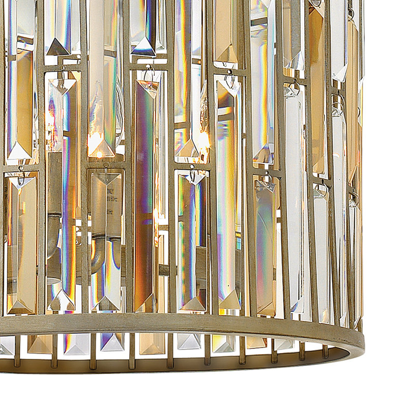 Gemma Key Three-Light Convertible Tall Drum Pendant w/ Crystal Rectangular Prisms, Silver leaf
