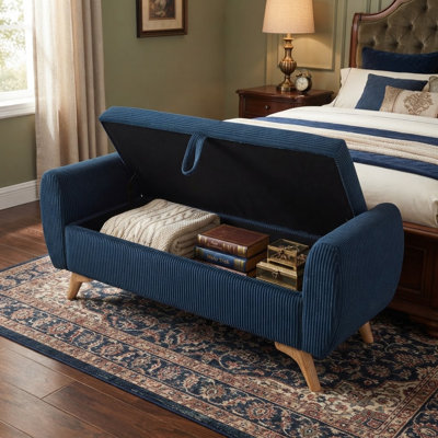 Banc de rangement moderne en velours côtelé de 145 cm avec pieds en bois, banc de chevet
