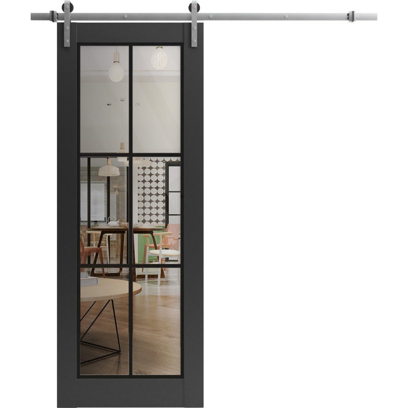Porte de grange robuste en verre trempé transparent | Lucia 2366 | Ensemble de quincaillerie lourde pour cintres 6,6 pi argenté | Portes intérieures modernes à panneau massif - verre transparent - rail argenté