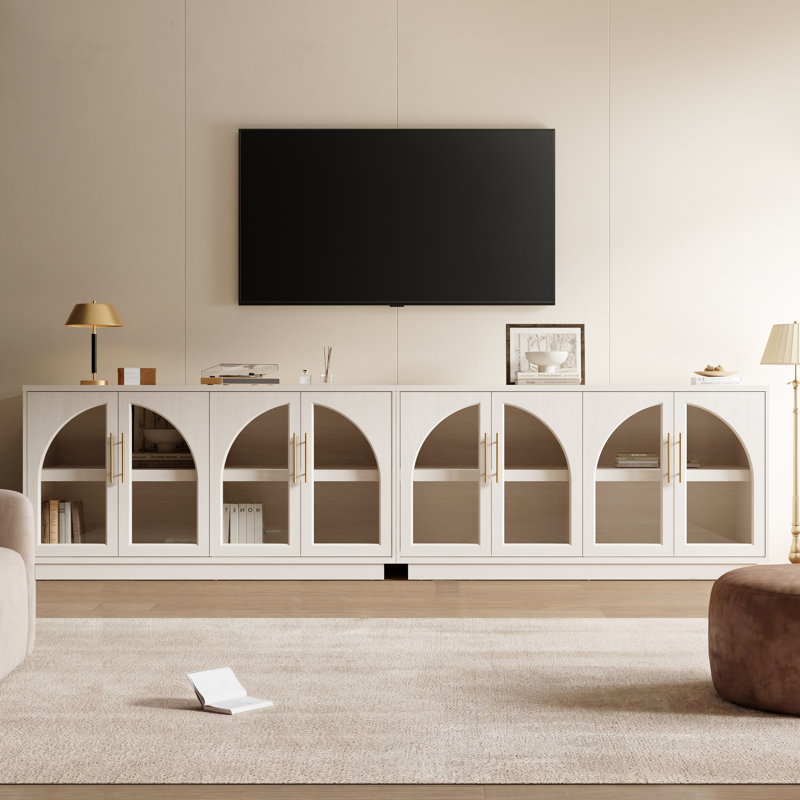 Arden 120" Curved Arch Sideboard Cabinet with 4 Tempered Glass Doors and Adjustable Shelves, 2Pcs, White