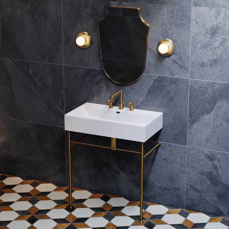 Claire 24" Console Sink White Basin Chrome Legs With 8" Widespread Holes, White/Gold