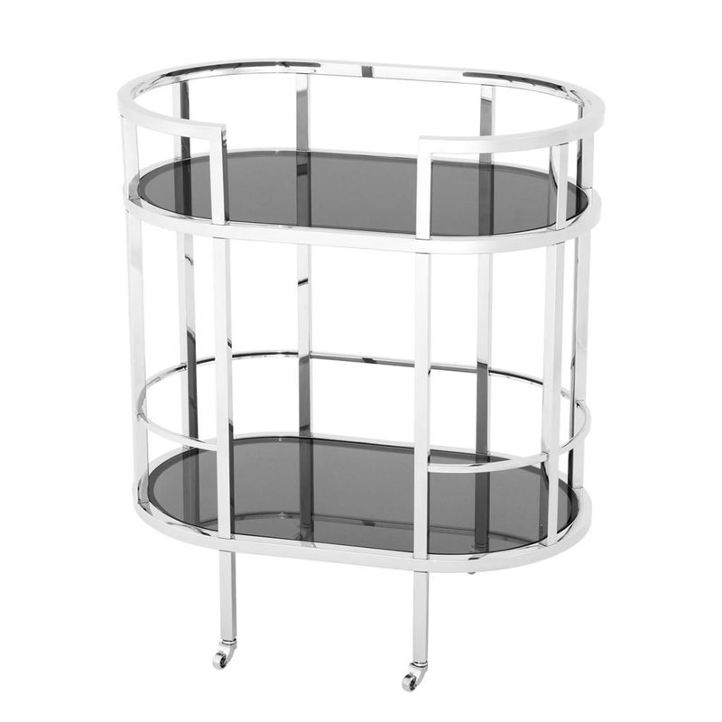 Silver Stainless Steel Bar Cart with Black Glass Shelves