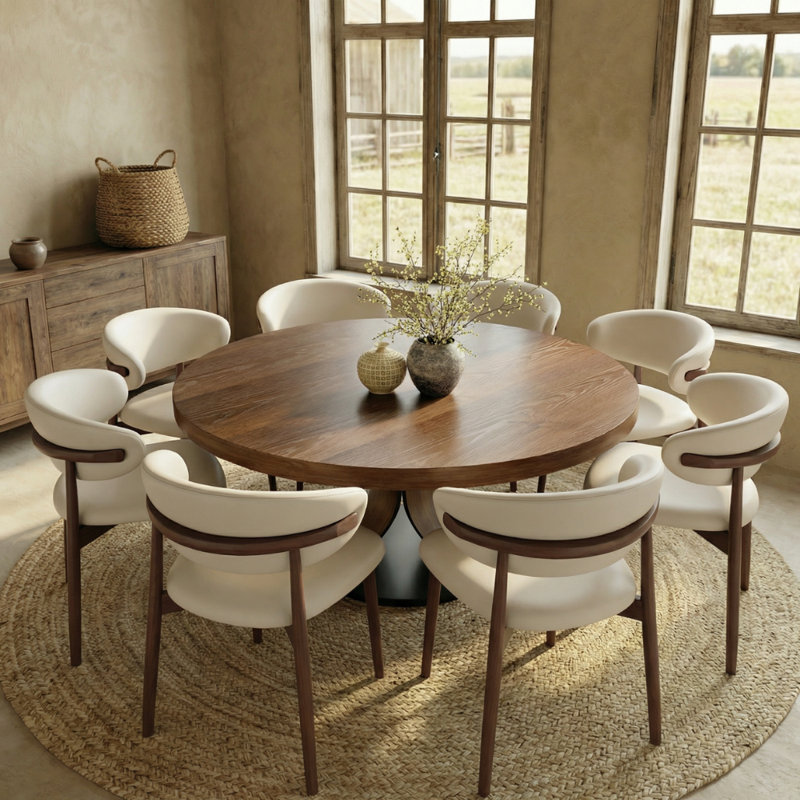 5/7/9 Pieces Solid Wood Round Dining Table Walnut Kitchen Room Set, 9 Pieces: Table, 8 Chairs, 29.52" H x 59.05" W x 59.05" D