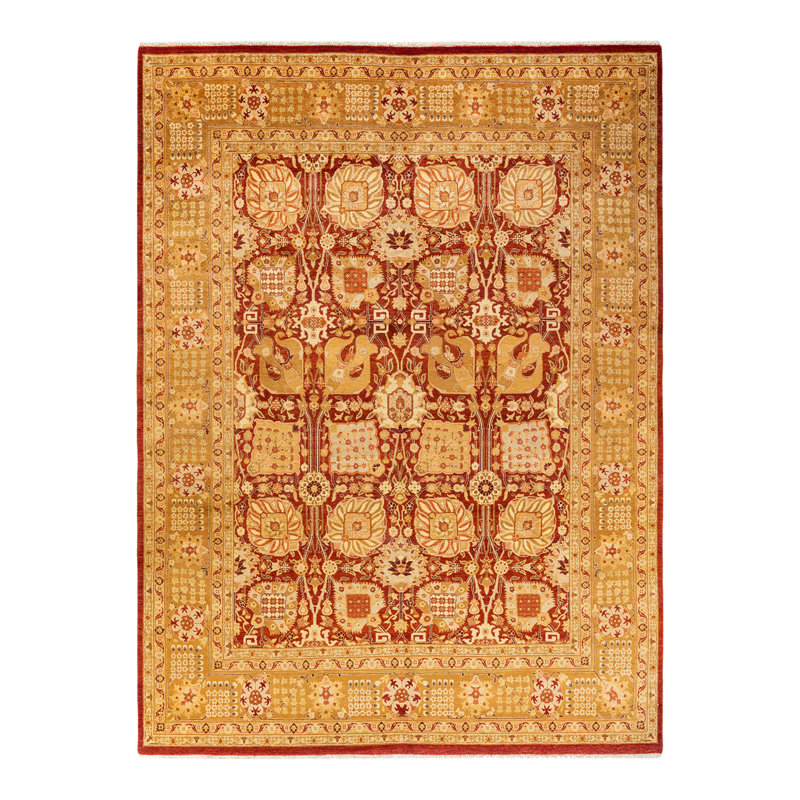Tapis unique en laine noué à la main 8 pi x 10 pi 9 po nouvel âge Michelina - orange / rouge / beige