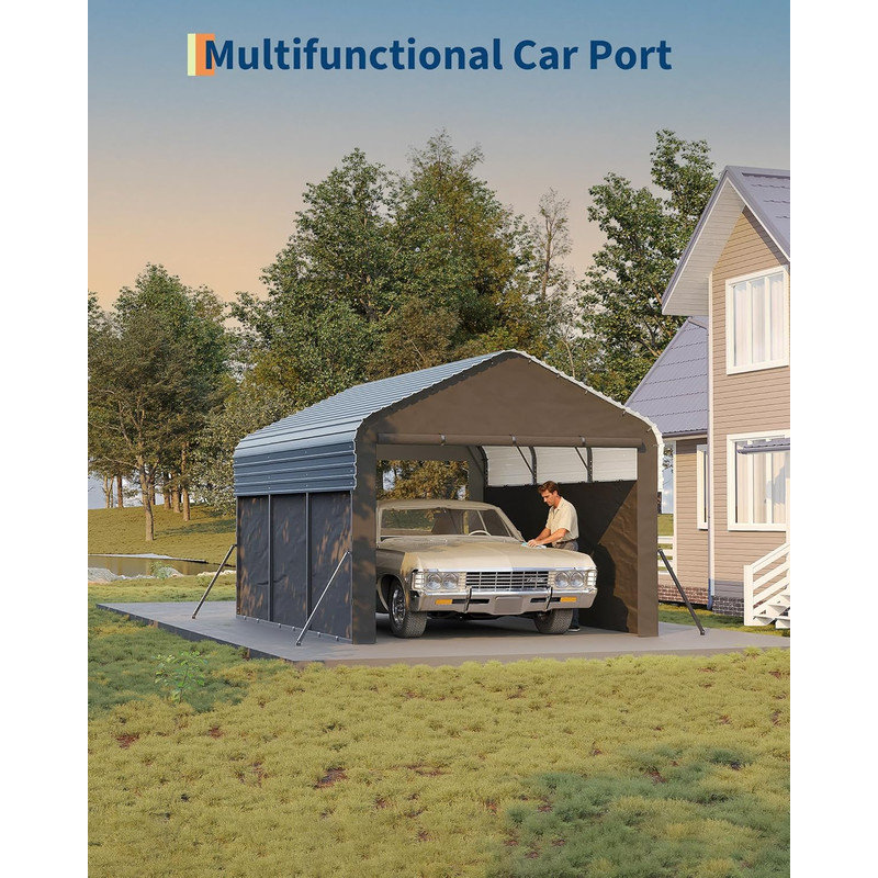 10x15 FT Metal Carport, Enclosed Shelter with Heavy Duty Frame & 220g Tarp for Sedans, 8.79' H x 13.29' W x 14.4' D
