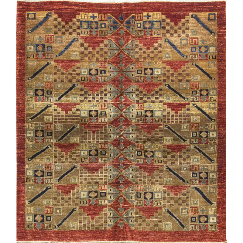 Tapis rouge et brun noué à la main de haute qualité