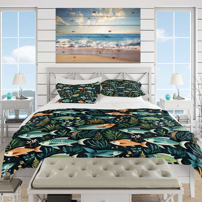 Coastal Zebra Fish Zenith Coastal Motif II - Ensemble de housse de couette Coastal - Microfibre de polyester