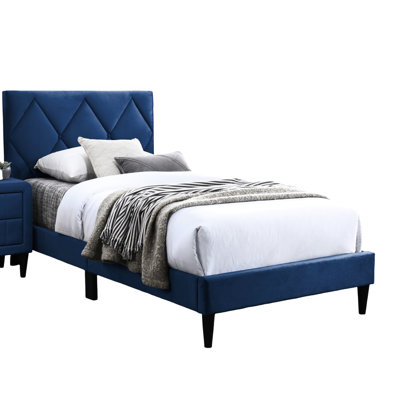 Full Size Bed With Navy Blue Velvet Covering, 12 Slat Support And Elegant Headboard Modern Upholstery, Adjustable For A Restful Bedroom