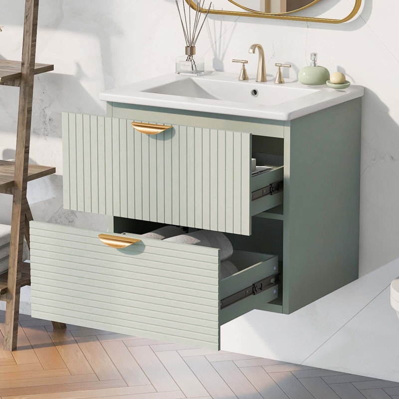 Green and White Wall-Mounted Single Bathroom Vanity with Gold Handles