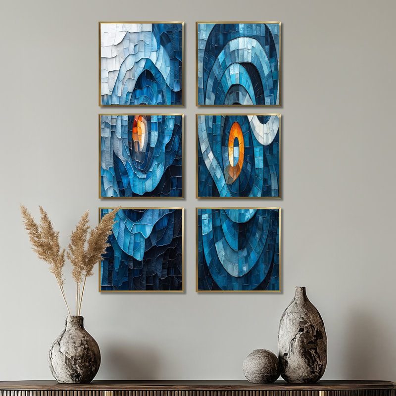 «Modern Transitionalprismatic Maze Of Blue», ensemble de 6 reproductions d'art abstrait, Doré