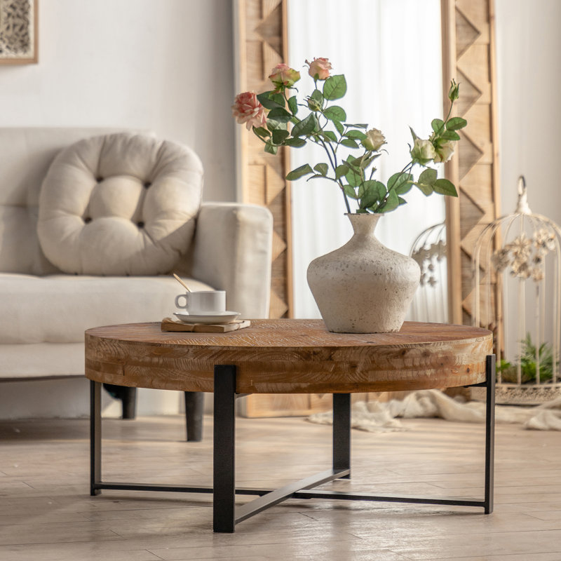Table basse ronde rétro avec plateau en bois de sapin et pieds croisés, 13.38" H x 31.29" W x 31.29" D, Black