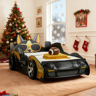 Lit voiture simple pour enfant, cadre de plateforme en bois à motif de chien avec lumières DEL et roues, noir-jaune