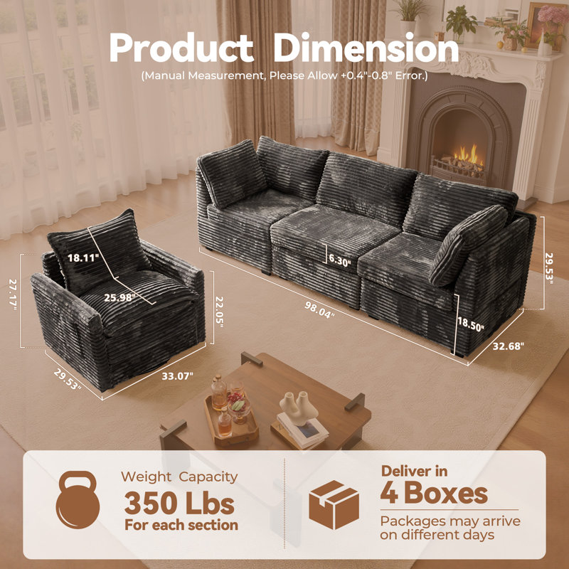 Canapé modulaire en velours côtelé 4 pièces avec fauteuil pivotant 4 pièces, Polyester gris / velours côtelé