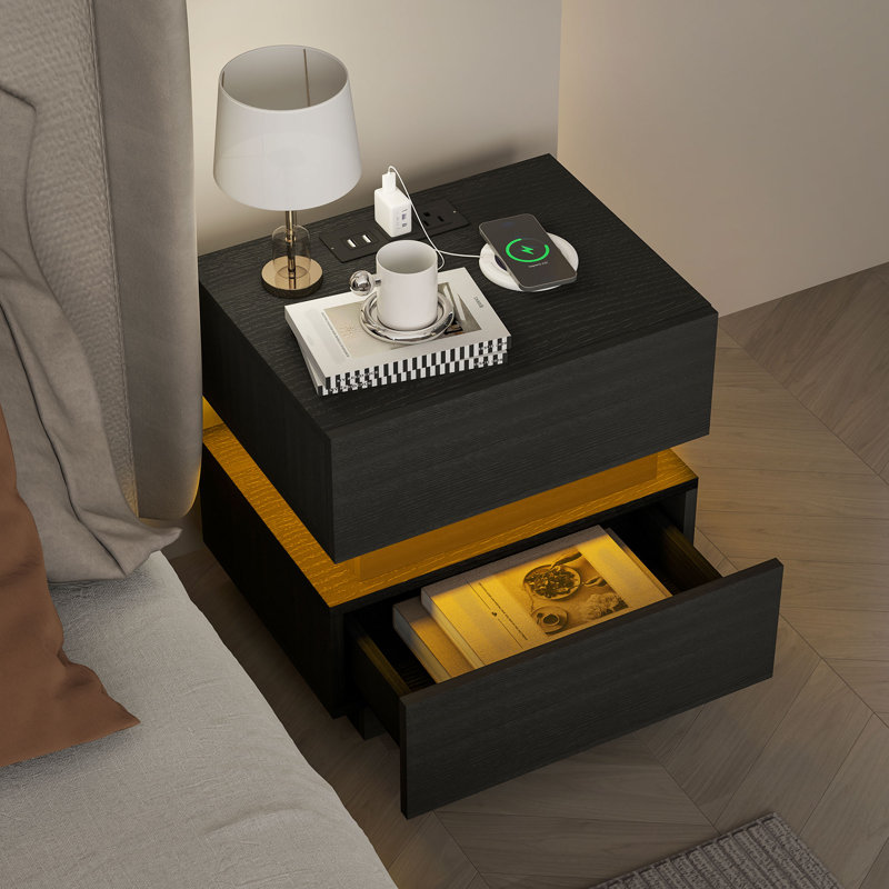 Table de chevet moderne avec station de charge et lumière DEL pour la chambre à coucher, Noir
