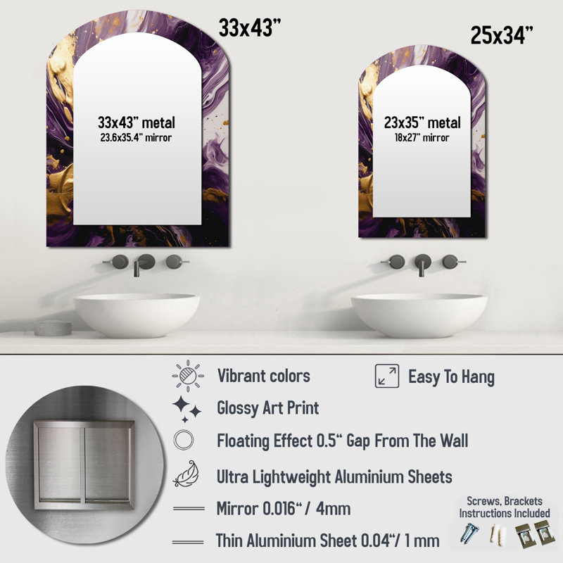 Purple and Gold Liquid Magic I - Abstract Irregular Shape Large Wall Mirror, Modern Asymmetrical Unique Mirror, Printed Metal Art