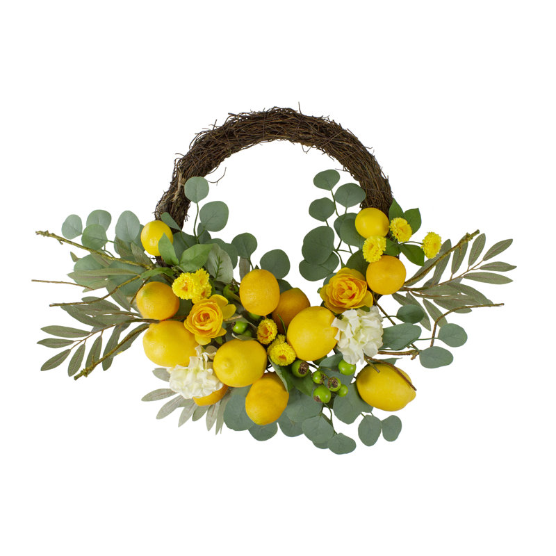 Couronne de printemps artificielle à motif de citrons et de fleurs jaune - 18 po