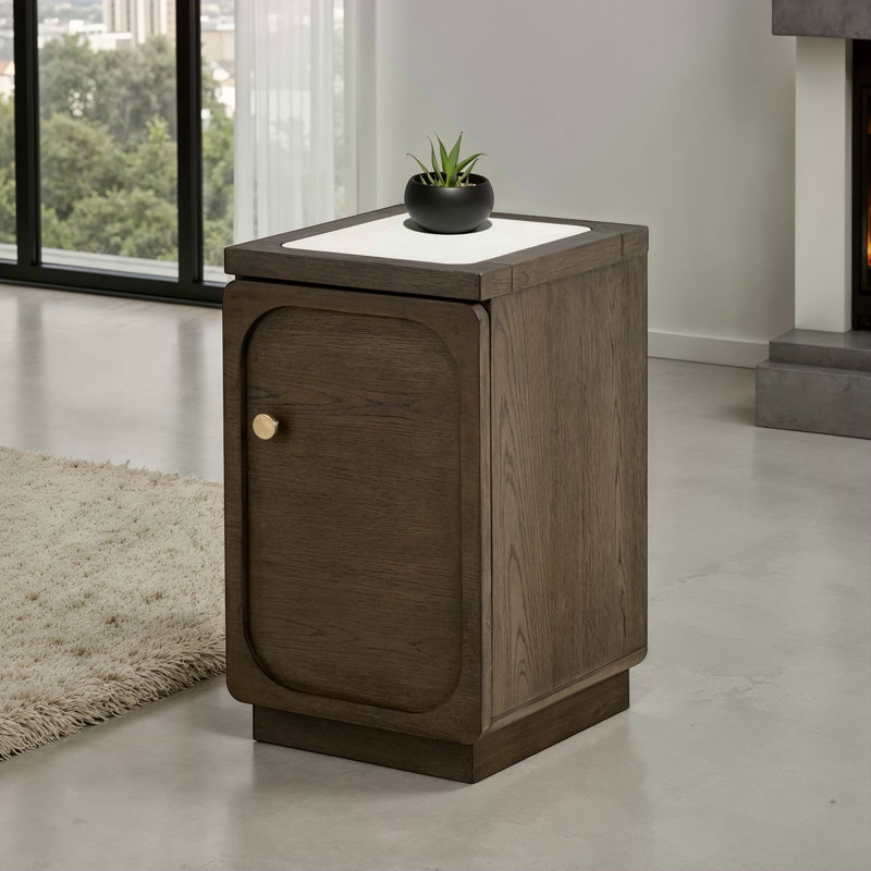Table d'appoint 1 pièce de style transitionnel avec dessus en pierre de quartz, poignée dorée et port USB, salon noyer foncé