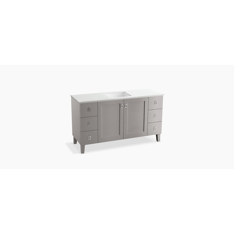 Poplin 60" Vanity Base Only with Furniture Legs, 2 Doors and 6 Drawers, Split Top Drawers, Mohair gris